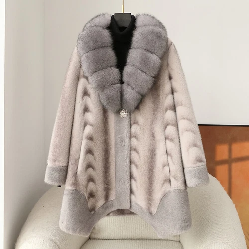 Abrigo de piel de visón real para mujer invierno piel de visón cuello de piel de zorro chaquetas sueltas - Imagen 4 de 14
