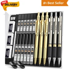 Gold Art Mechanical Pencil Set, Metal Drafting Pencil 0.5, 0.7, 0.9Mm & 2Mm Lead