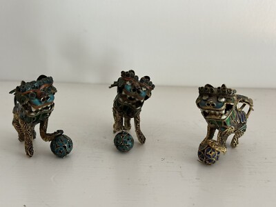 Chinese Cloisonne Filigree Foo Dogs Set Of 3