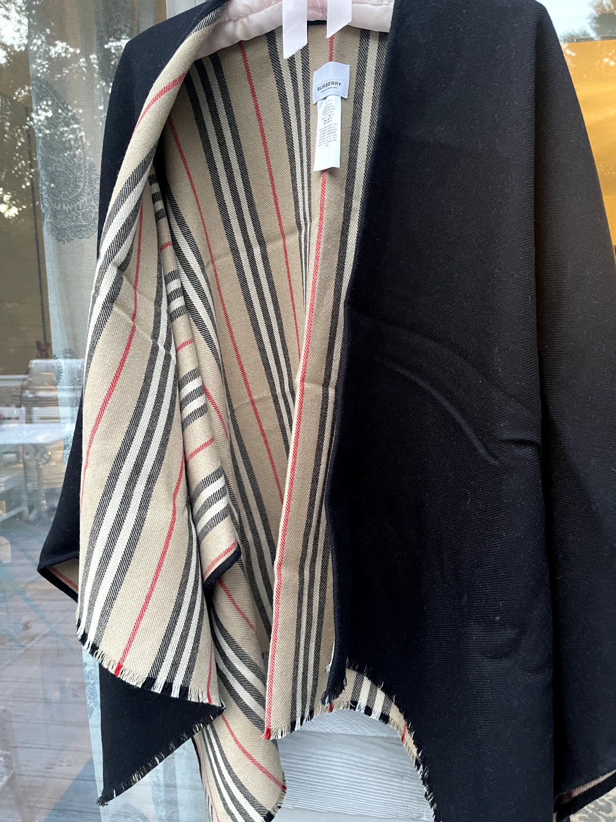 BURBERRY REVERSIBLE BROWN ICON STRIPE TO SOLID BLACK WOOL CAPE PONCHO NWOT