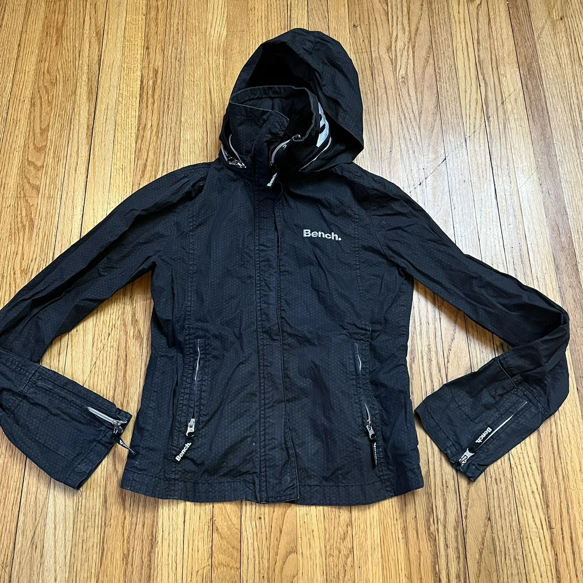 BENCH Medium Zip Up Hooded Light Jacket Pockets Black Womens Rain  Windbreaker