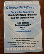 2026 Bowman JORGE QUINTANA 1st Bowman Redemption Gold Ink Auto /15 SSP SD Padres