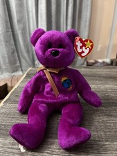 Ty Retired Beanie Babies Millenium Bear Plush Toy - Purple  RARE 10 Errors 