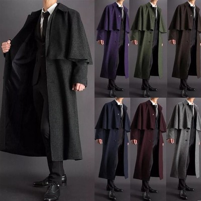 Men's Inverness Wool Halloween Cape Coat Steampunk Outdoor Long Cape Coat