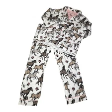 PJ Salvage Horse Rose Print Flannel Pajama Set Sleepwear Womens Medium Cozy Barn