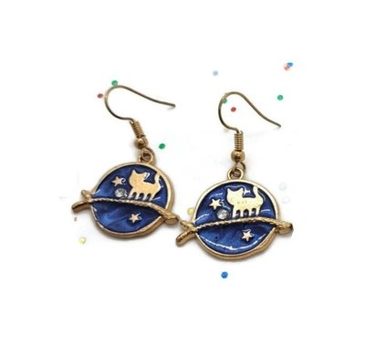 Runde Ohrringe Katze gold und blau unter den Sternen - Bijoux des Lys »