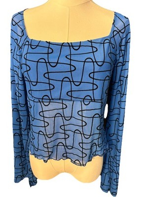 Willow & Root Flocked Mesh Top Sheer Long Bell Sleeves Blue Black Abstract M