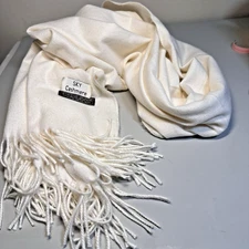 Sky Cashmere Large Scarf w/ Fringe Virgin Wool Cream White  Soft Lux  28” X 72”