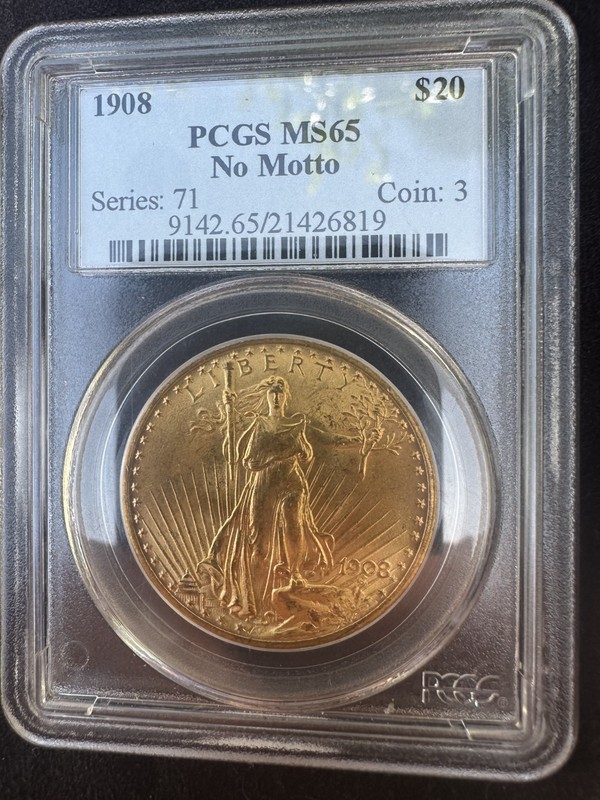 1908 'No Motto' $20 Gold Saint Gaudens Double Eagle PCGS MS65