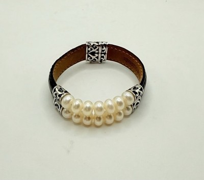 Double Strand Cultured Pearl Leather Beacelet Sterling Silver Scroll Clasp 7.5in