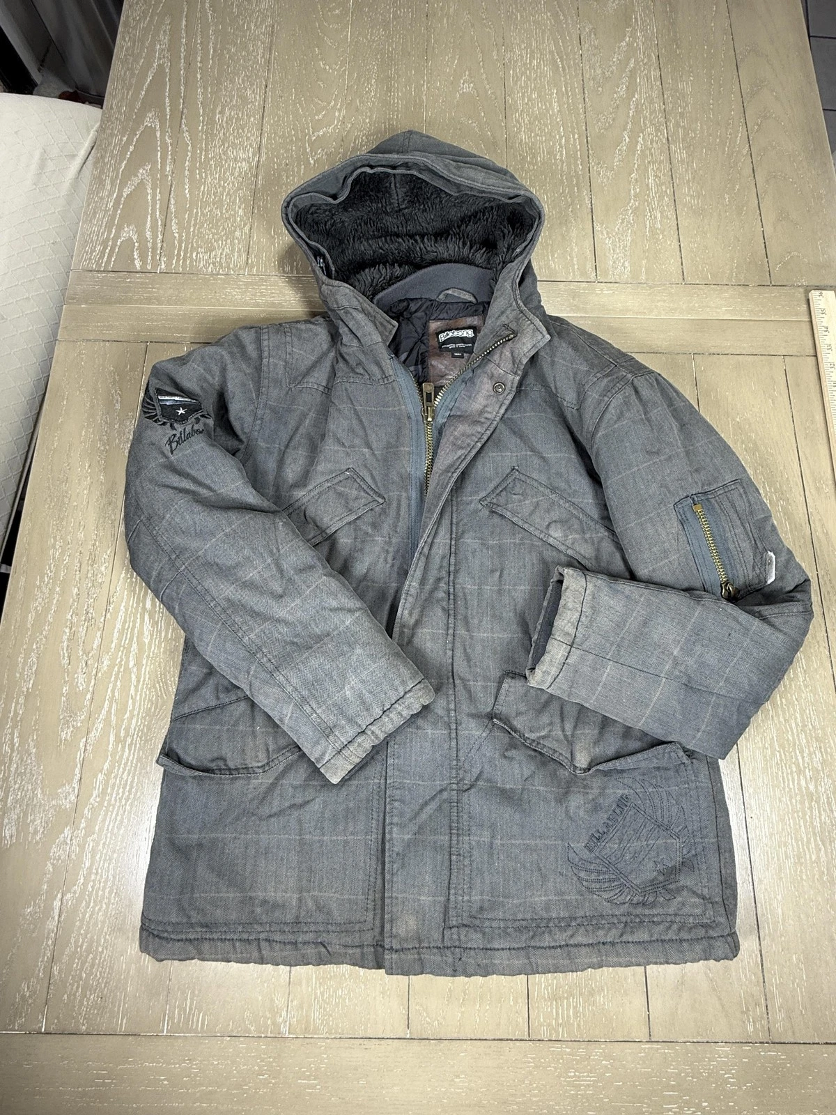 Billabong Coat Mens Small Gray Hooded Parka Insulated Zip Pockets M701XALA