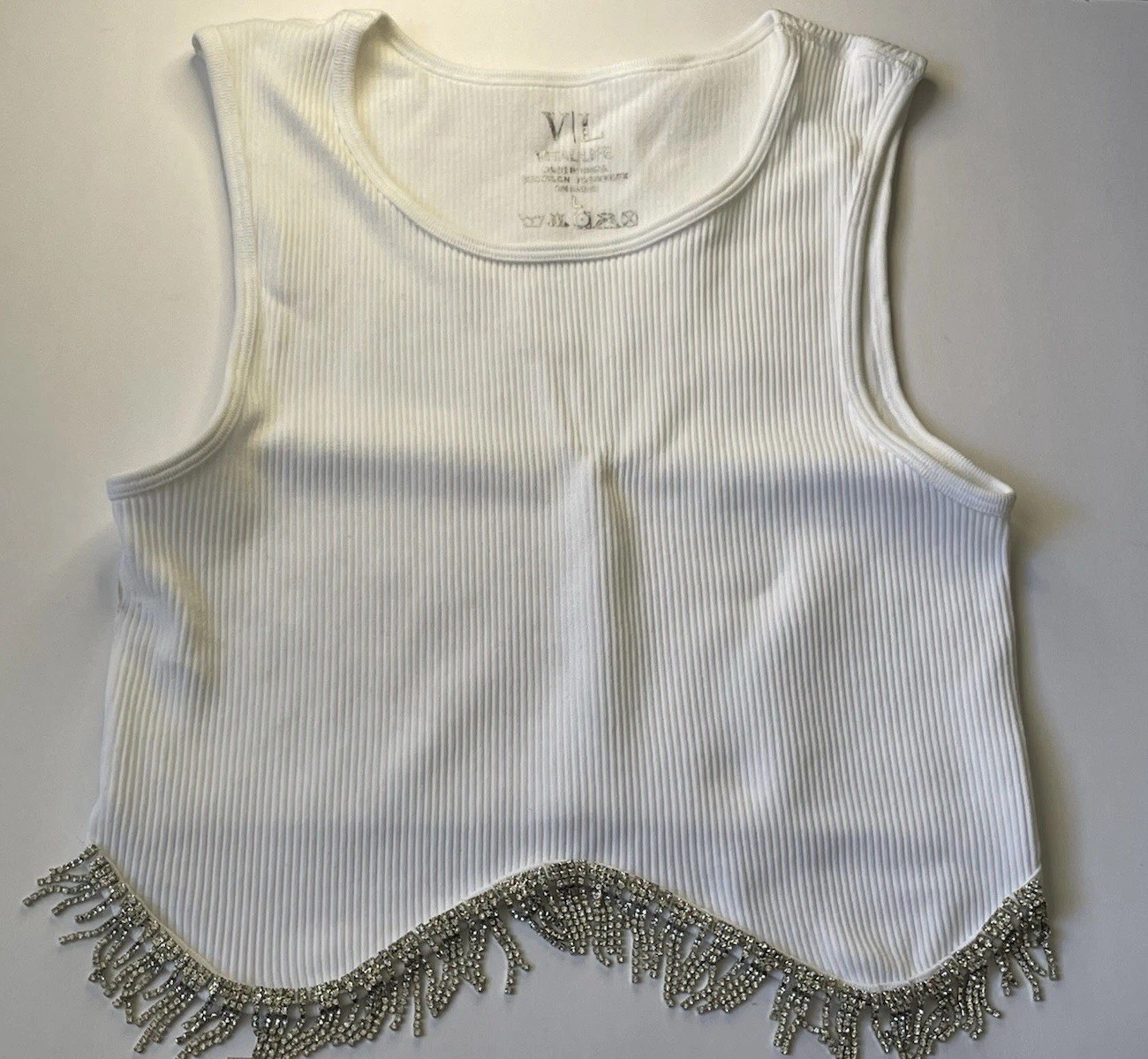 VIL Vital Life white tank Country  Rhinestone Fringe tank top Crop Top Size L