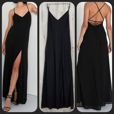 LULUS Classic Grace Black Chiffon lace Up Maxi Dress Size MEDIUM**NWOT**