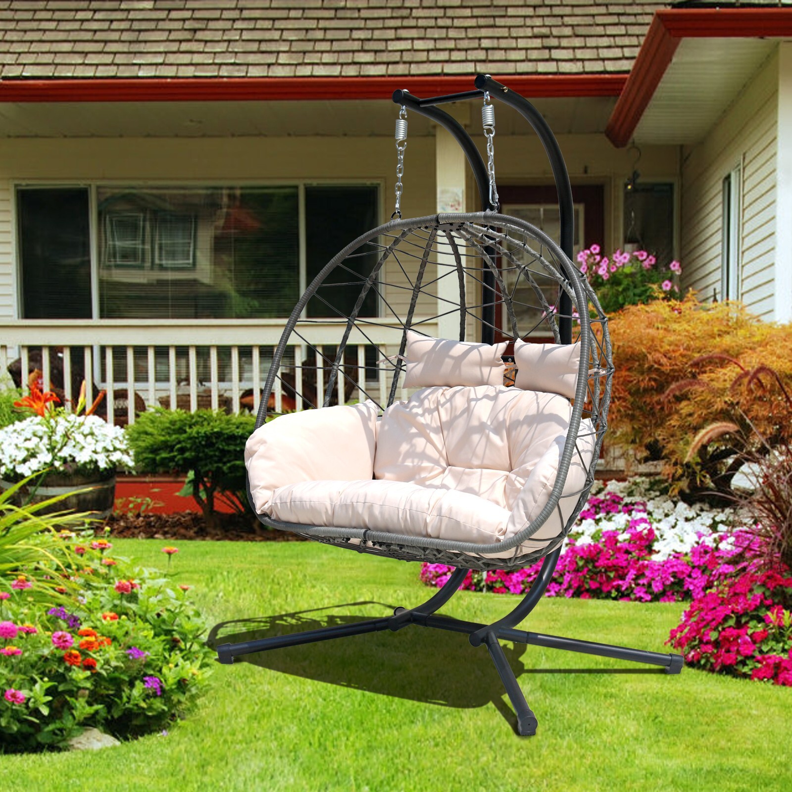 Hanging Swing Chair Stand Egg Chair 2 Person Wicker Chair w/Cushion Outdoor