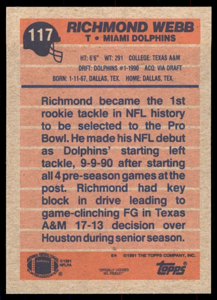 1991 Topps Richmond Webb Miami Dolphins #117 - Image 2 of 2
