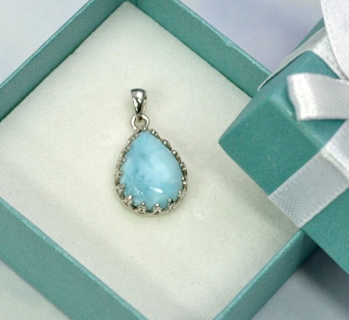 Natural Larimar 10X14mm Cabochon Classic Crown Pendant .925 Sterling Silver - Picture 3 of 6