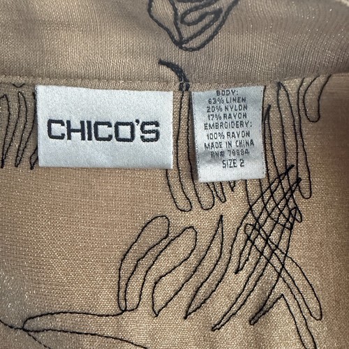 Chicos Leinen Hemdjacke mit Knopfleiste beige schwarz Blumen bestickt Oberteil Gr. 2 Lrg - Bild 4 von 12