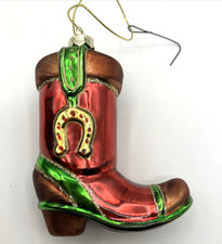Christmas tree Ornament Blown Glass glittery COWBOY BOOT 4" Multicolor Rodeo