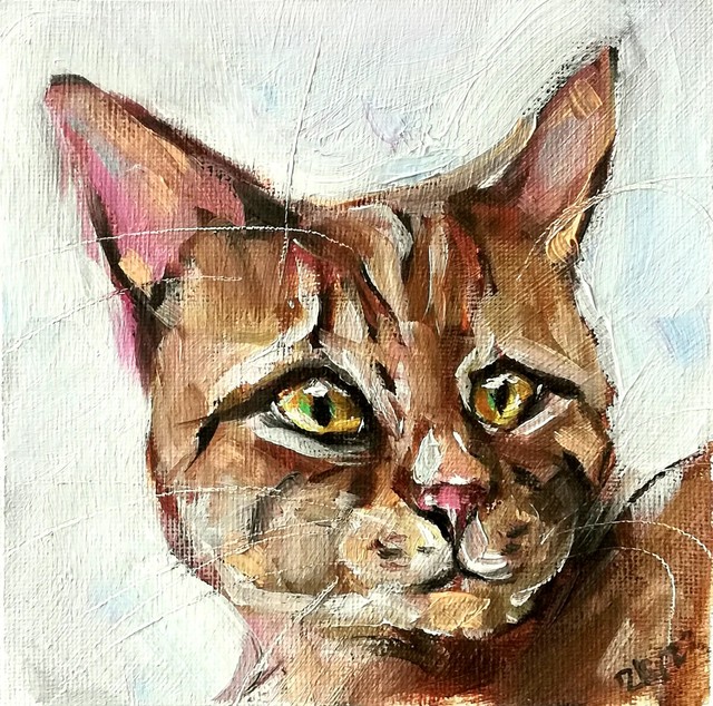 Original Oil Painting Tabby Cat Funny Animal Art Impressionist Pet Portrait