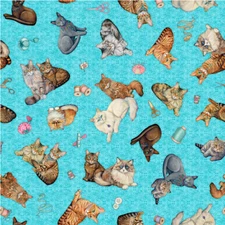 QUILT ROOM KITTIES CAT TOSS ON TURQUOISE BY QT CATS KITTEN PET COTTON FABRIC HY