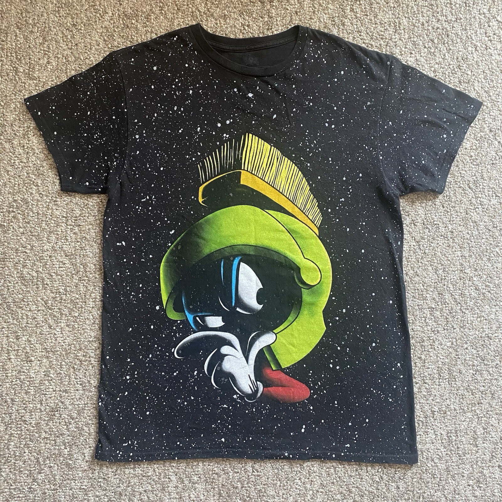Marvin the Martian Looney Tunes T-Shirt Mens Medium M Black Short Sleeve Big Face Splatter Design