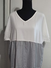  Women Casual Loose Stripe Patchwork V-Neck Short Sleeves Dress Large