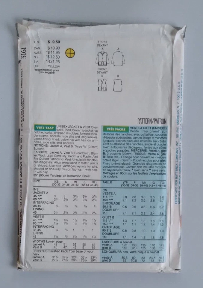 VINTAGE BUTTERICK #3161 MEN'S MISS SIZES XS-S-M Lined JACKET & VEST PATTERN UC - Image 2 of 3