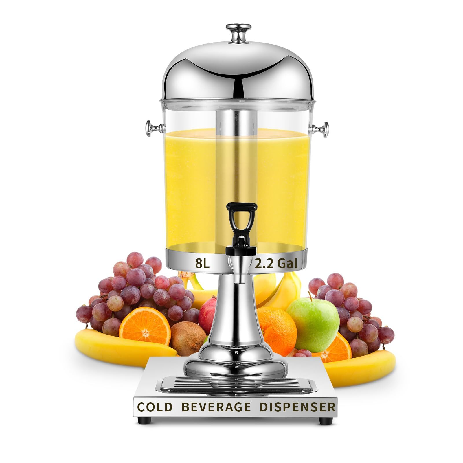 Cold Beverage Dispenser With Ice Container,,2.2Gal 8Liters Single Stainless S...