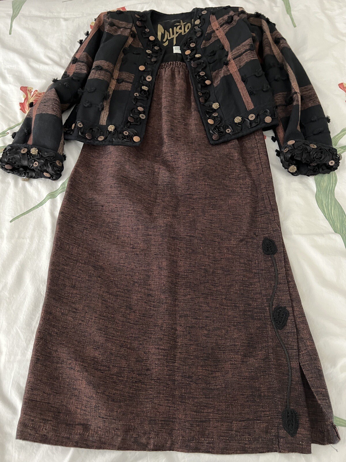 Boutique Brown Skirt Suit Set Plaid Beaded Sequined Sz Small eBay
