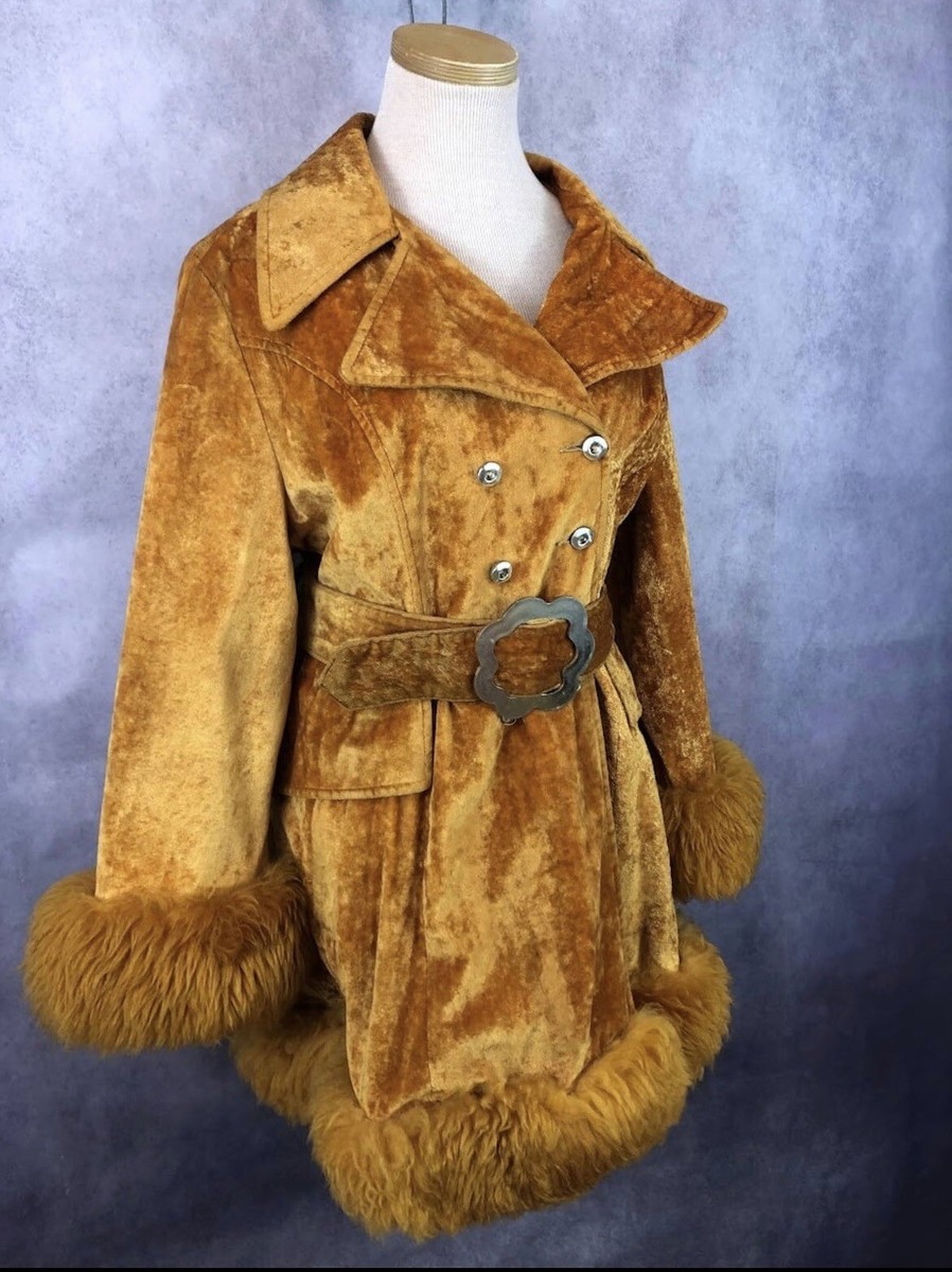 1960s-1970s CRUSHED VELVET COAT - Mod Go Go Faux Fur Jacket Gold