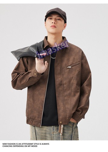 Giacca cargo retrò da uomo stile USA pelle PU outwear giacca da volo cappotto baseball - Foto 15 di 26