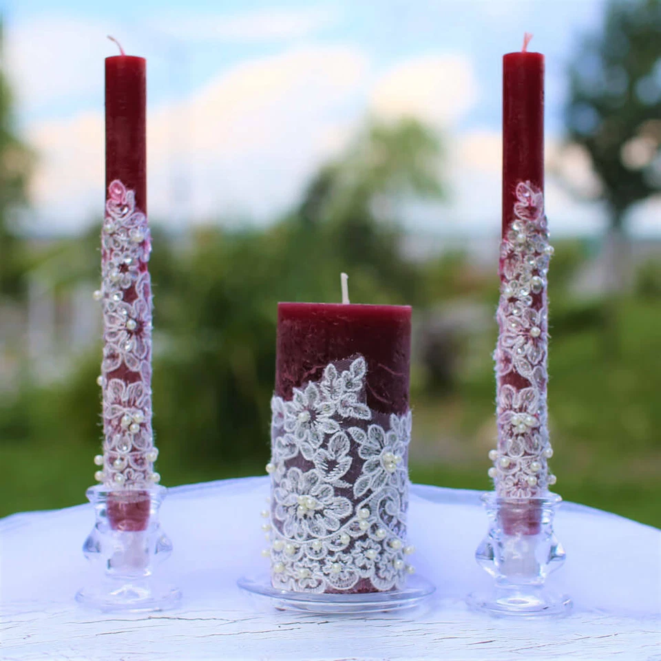 Velas de Boda Borgoña,Unidad Velas de Boda con Encaje para Velas de Ceremonia Foto 2 de 4