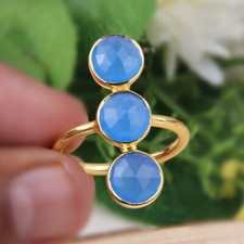 Gold Plated Three Stone Blue Chalcedony Rings Gold Plated Multi Gemstone Ring