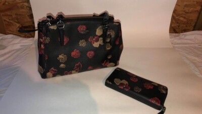 Coach Christie Carryall Black Floral Satchel Crossbody Bag with Wallet;Pre-Owned