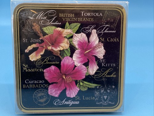 Black Hibiscus Coaster Set 4 Pieces Origional Art Hand Wash Cork Back Caribbean - Picture 2 of 7