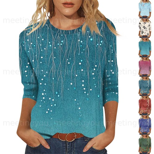 Damen Print Damen Sommer Rundhals Bluse Tops 3/4 Ärmel Freizeit T-Shirt ~ - Bild 1 von 30