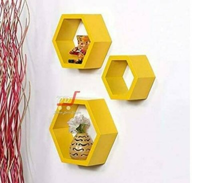 Hexagon Wall Shelf, Set Of 3 Floating Hexagon Wall Shelf Wall Shelves (Yellow)