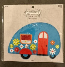 SEWOLOGY Iron-on Fabric Patch Blue Camper Flowers Embellishment Applique