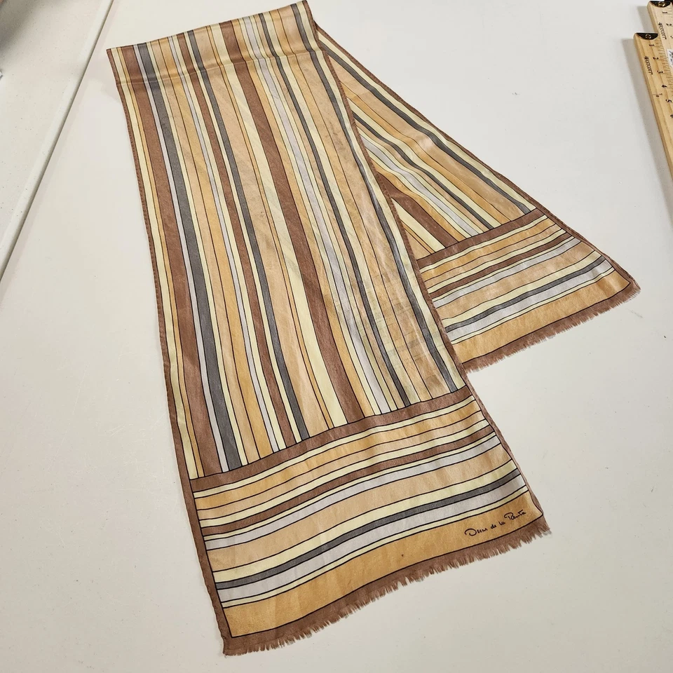 Oscar de la Renta Silk Scarf Vintage 10"x 50" Hand Rolled Edges Neutral Stripes - Image 2 of 4