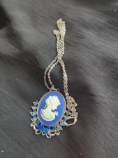 Vintage Blue Cameo Necklace With Blue Rhinestones And Lobster Clasp