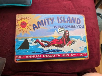 Jaws ''AMITY ISLAND WELCOME YOU'' Metall Poster / Plakette NEU!