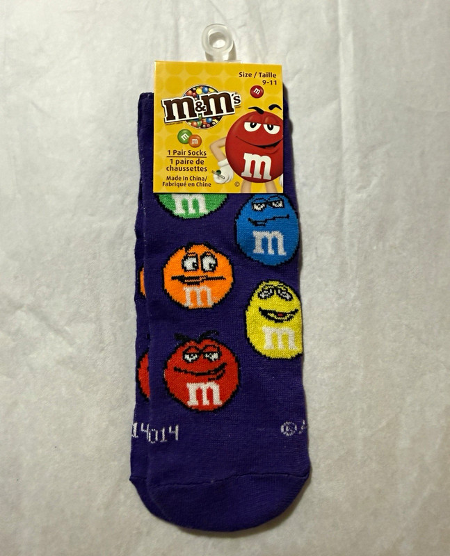 M&M's Men's Crew Socks Mid Calf Purple Graphic Logo Size 9-11 1 Pair Vintage