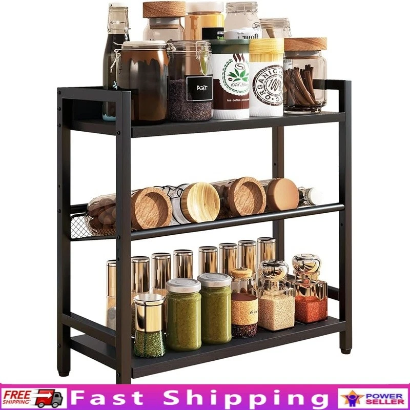 3 Tier Spice Rack Countertop Organizer Industrial Style Kitchen Storage Shelf US