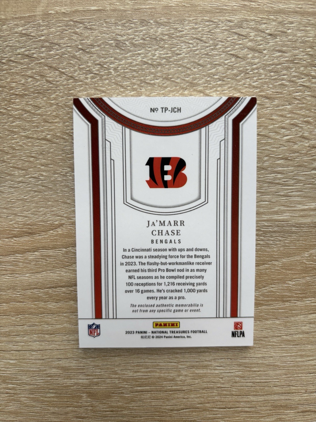 2023 National Treasures Ja'Marr Chase Treasured Patches 1/1 Platinum Patch view 2