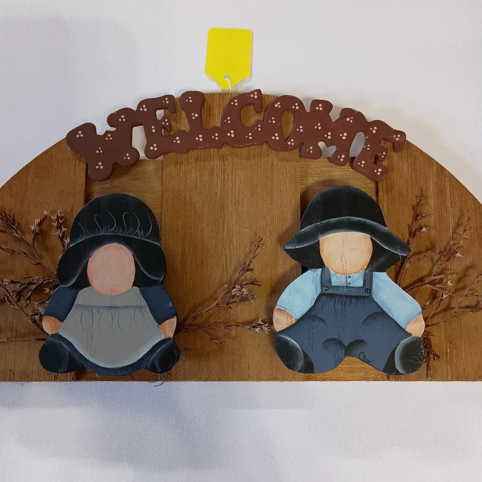 Welcome Sign Wood Wall Hanging Half Round Amish Boy And Girl Rustic Cottagecore - Image 2 of 4