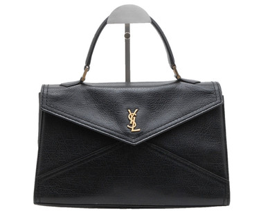 Yves Saint Laurent Vintage Top Handle Handbag Black Leather Gold Logo YSL