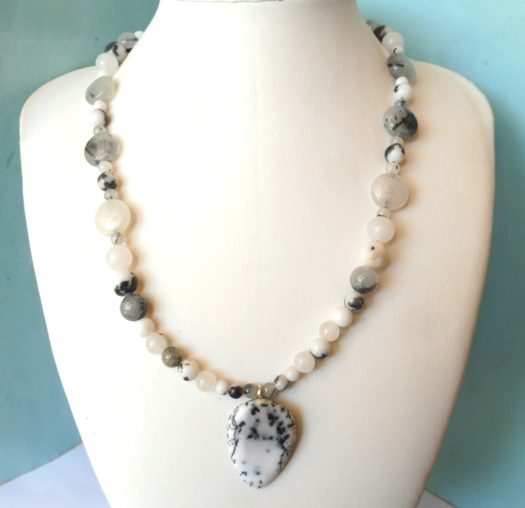 Collier en dendrite opale véritable et argent massif de haute joaillerie