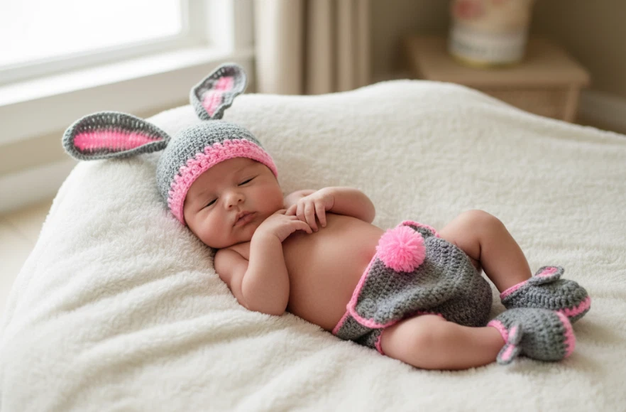 Handmade Crochet Gray Bunny Baby Photo Prop Outfit Set Cap Booties Diaper Cover