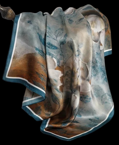 100% Silk 26" large Square Scarf Women Wrap neckerchief floral blue brown zt493