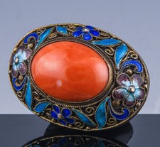 FINE ANTIQUE CHINESE GILT FILIGREE SILVER & ORANGE CORAL CABOCHON BROOCH PENDANT